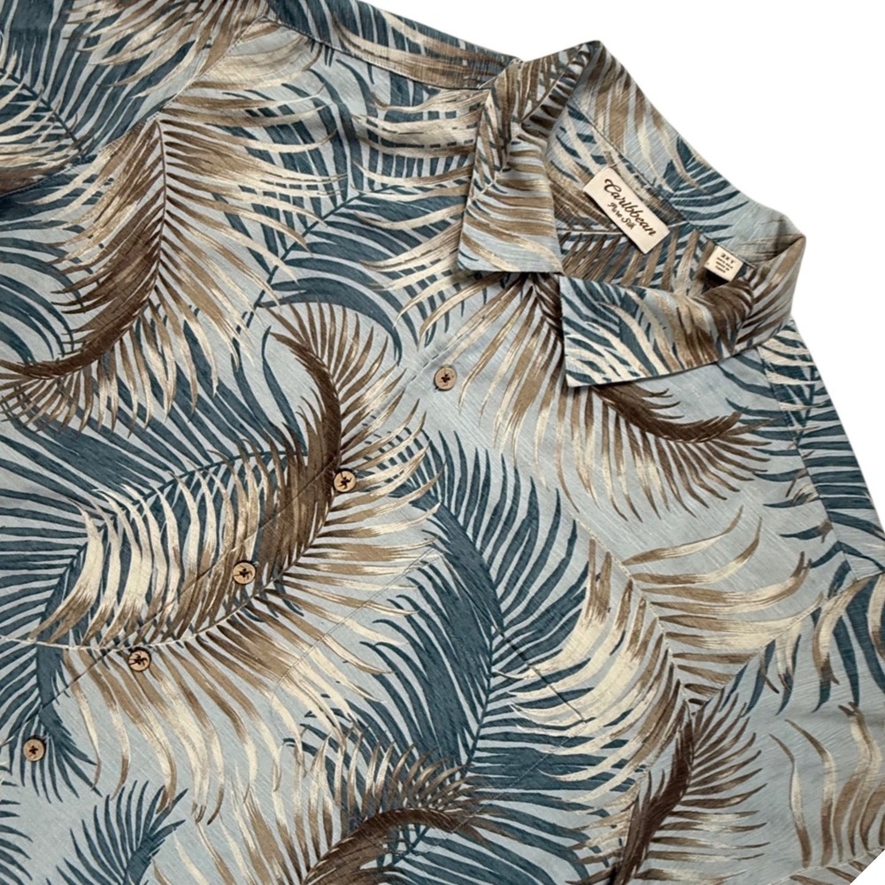 Caribbean Pure Silk Mens 2XT Tall Blue Palm Frond Tropical Hawaiian Shirt Resort